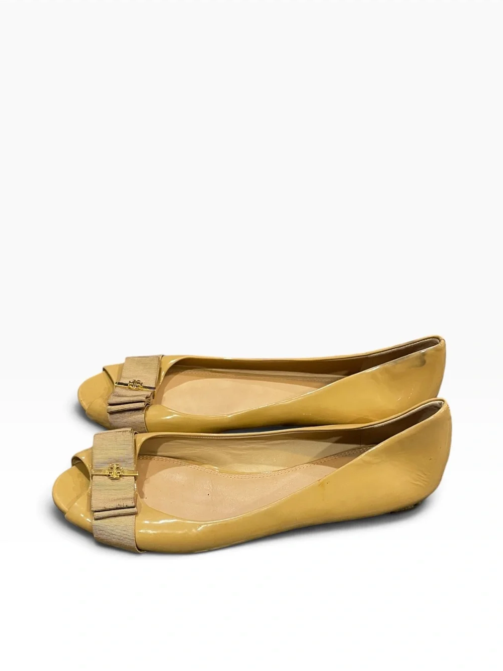 Tory Burch Tan Patent Peep-Toe Flats with Bow Accent Size 11